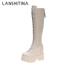 2020 Winter Knee High Boots Women Warm Fur Long Boots High Platform Chunky Warm Shoes 10CM Wedge Heels Lace-up Night Club Boots