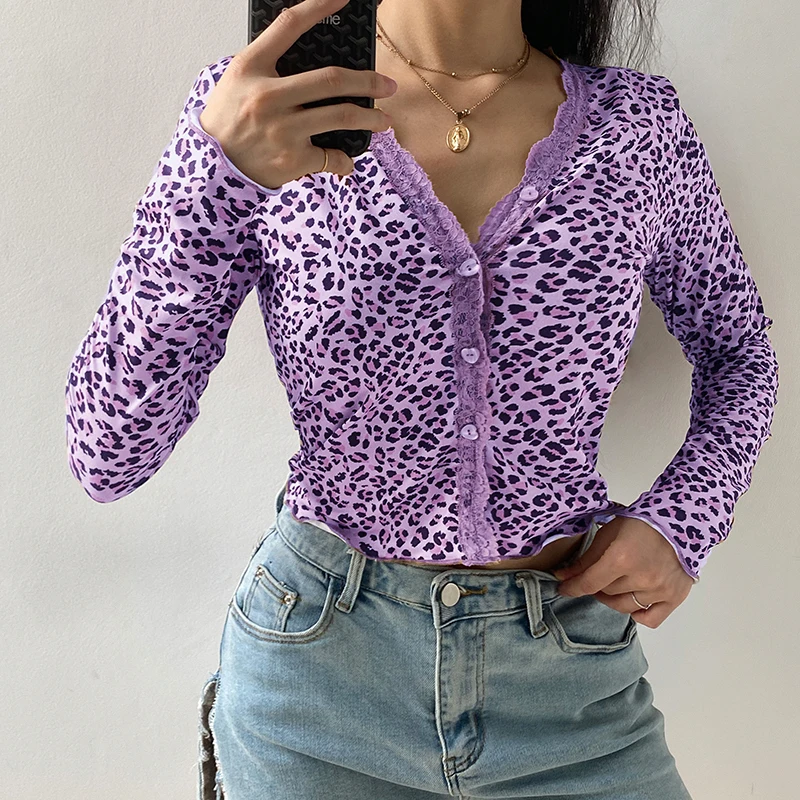 IAMSURE 2020 Autumn Fashion Leopard Print Lace Edge Women Cardigan Blouses Sexy Deep V-Neck Fitness Crop Top Shirt Streetwear