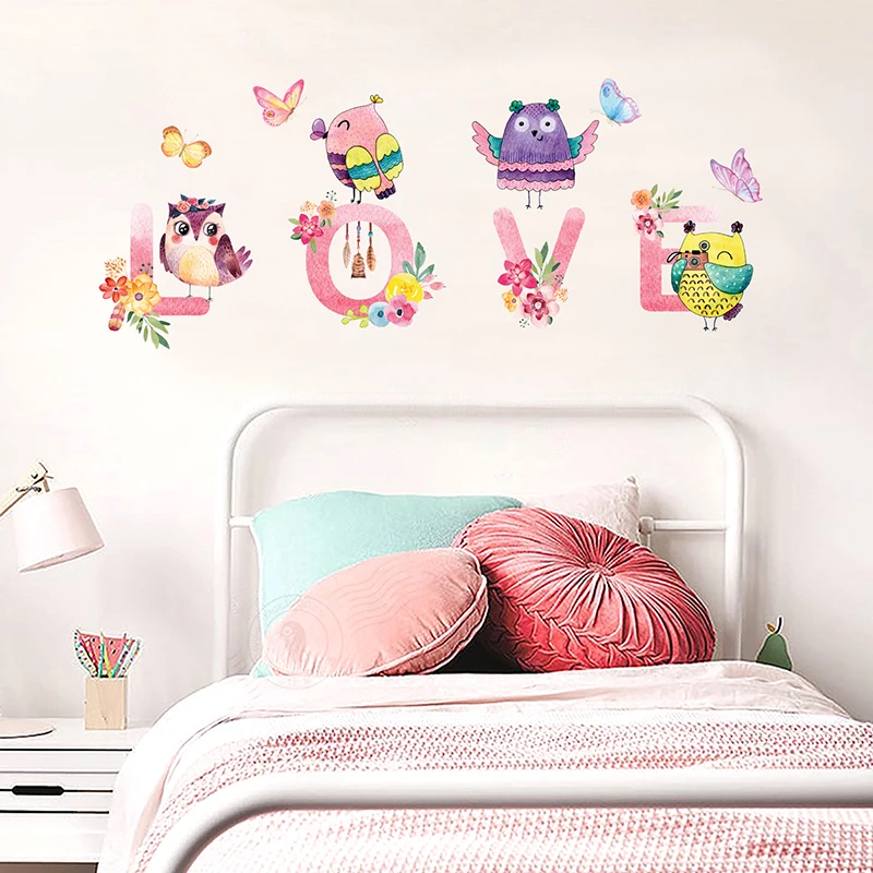 Cartoon Nordic LOVE Owl Butterfly Wall Sticker Baby Room Decoration Art Stickers For Kids Bdroom Home Decor Mural Decal | Дом и сад