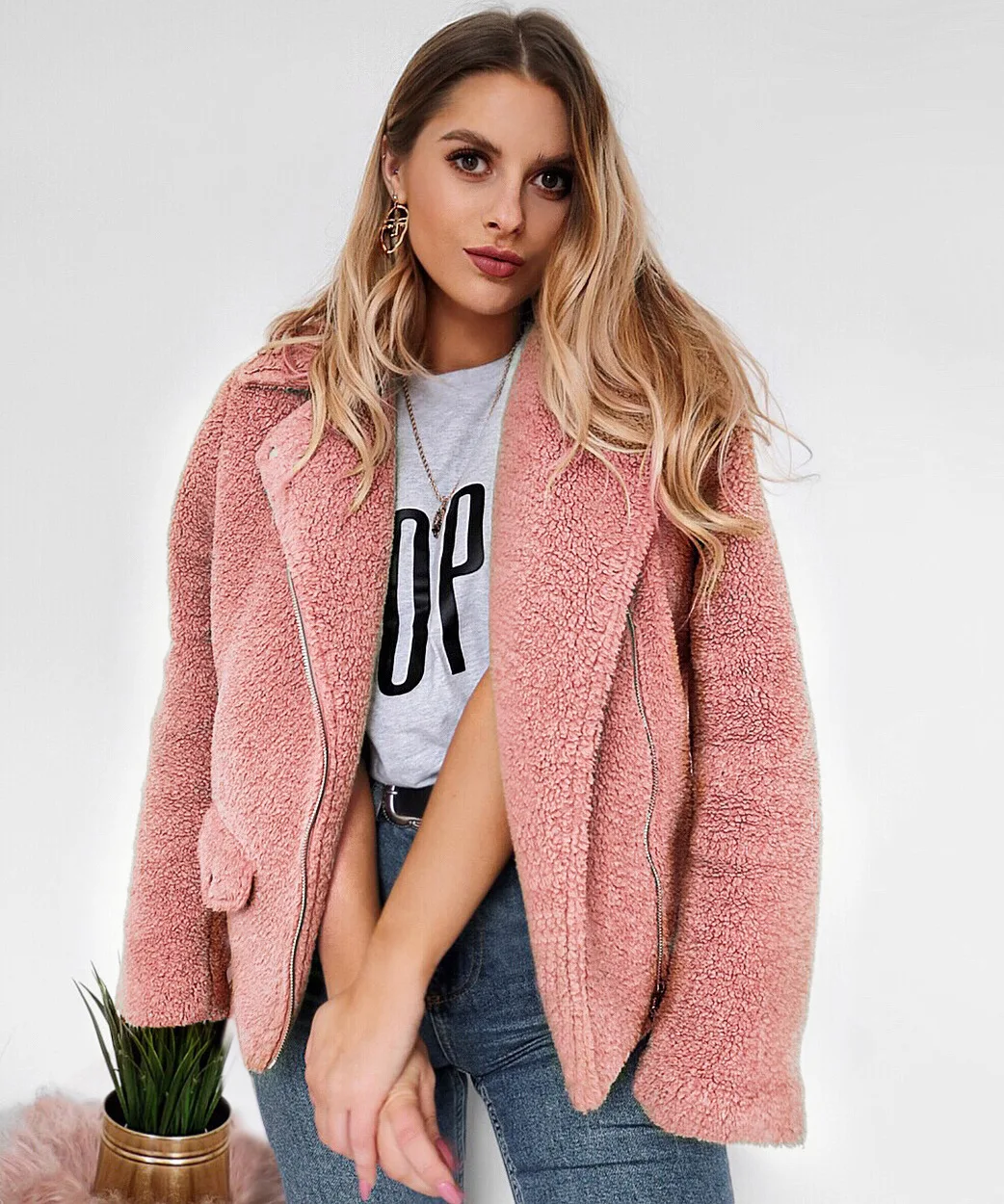 Pink Новое Женское плюшевое пальто из искусственного меха, зимняя пушистая теплая плюшевая куртка с отворотом, модное меховое пальто с боковой молнией, Женское пальто, верхняя одежда - Цвет: Pink
