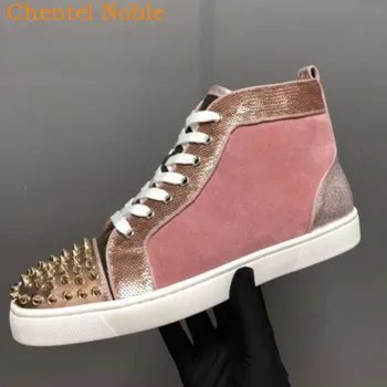 

2019 Brand Chentel Noble Loafers Gold Rivet Men Casual Shoes Party Dress Shoes Men Flats Lace-Up Sneakers Pink Color Big Size