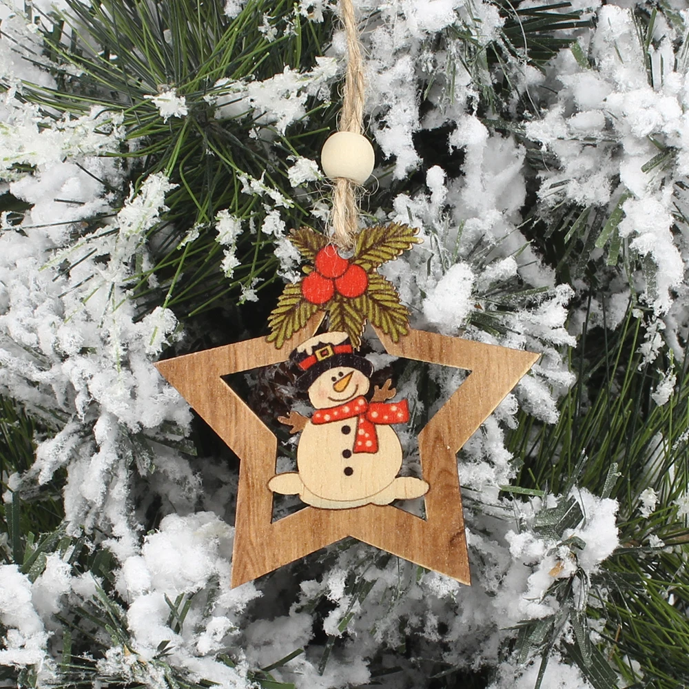 HUADODO 4Pcs Wooden Star Christmas tree decoration Pendants Ornaments for Christmas decoration Ornament New Year Kids Gift