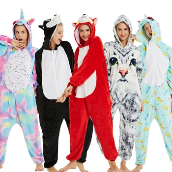 

2020 Adults Animal Pajamas Cartoon Sleepwear Women Unicorn Pyjamas Flannel Kigurumi Onesies Panda Nightie Winter Hooded Overalls