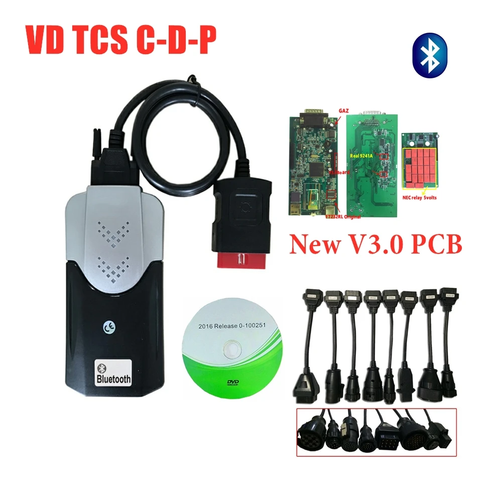 VD TCS C-D-P 2016R0 keygen с bluetooth v3.0 pcb vd ds150e c-d-p для delphis obd obd2 Автомобильный сканер+ 8pc автомобилей/грузовиков Кабели - Цвет: with bluetooth