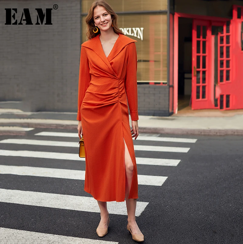 ^*Best Offers [Eam] Vrouwen Oranged Geplooide Vent Temperament Jurk Nieuwe V-hals Lange Mouwen Loose Fit Mode Tij Lente Herfst 2020 1K892
