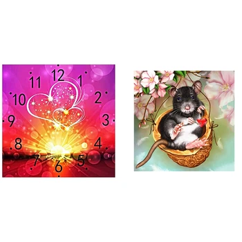 

2 Set 5D Diy Daimond Painting Cross-Stitch Heart 3D Diamond Painting Embroidery-Clock Pattern & Mouse