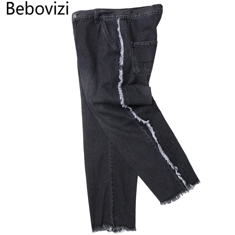 Bebovisi хип-хоп свободные винтажные мужские/женские джинсы с боковыми волосами, уличная одежда, Повседневные Джинсы бойфренда с широкими штанинами и кисточками