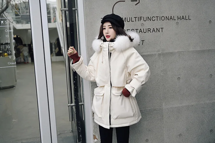 Fashion New Style Loose-Fit down Jacket Women's Mid-length Waist Hugging Fox Large Fur Collar Velcro Parka