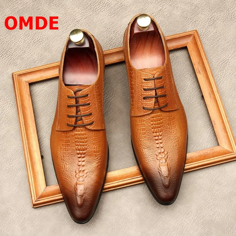 OMDE New Arrival Pointed Toe Lace up Men Dress Shoes Genuine Leather