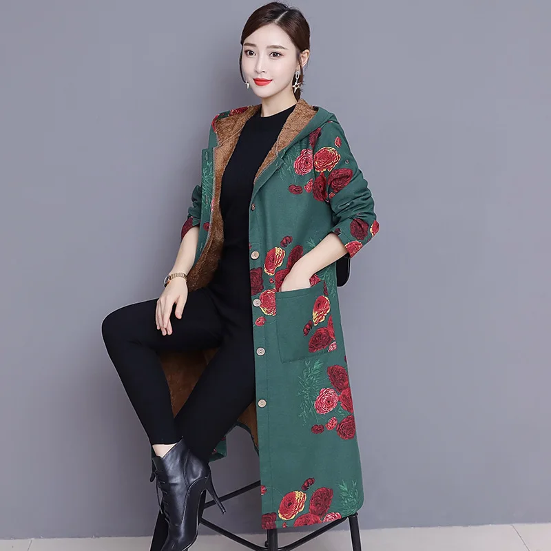 

Photo Shoot 2019 Winter New Style Cotton Linen Ethnic-Style Large Size Dress Brushed And Thick Hooded Cotton-padded Clothes Midd
