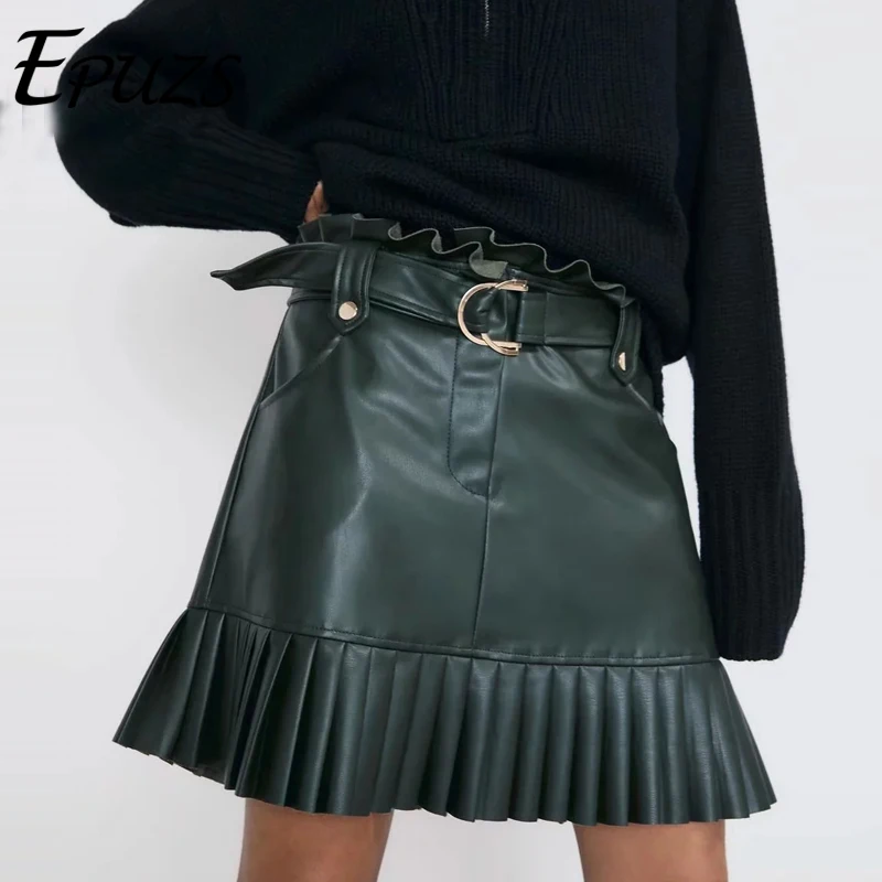 Сексуальные плиссированные юбки из искусственной кожи с рюшами женские зеленые
