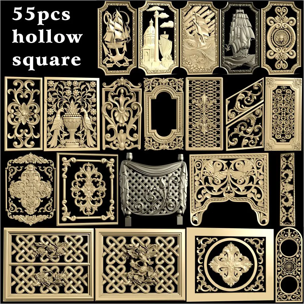 55 pçs oco painel quadrado design 3d modelo stl alívio para cnc roteador 3 eixos gravador artcam aspire cut3d quadrado esculpido painel