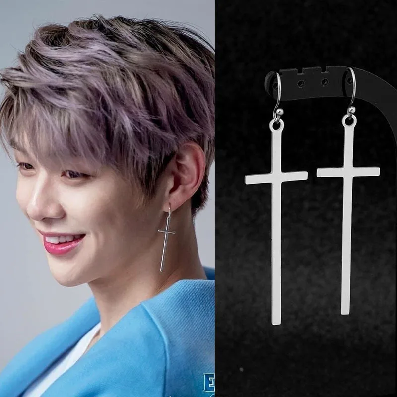 Korea Boys Stainless Steel Stud Earring Big Long Crosses Pendant Grunge Punk Ear Clip for Girls Women Men Party Gifts stud earrings pendant earrings long earrings cross earrings ear loops jewelry