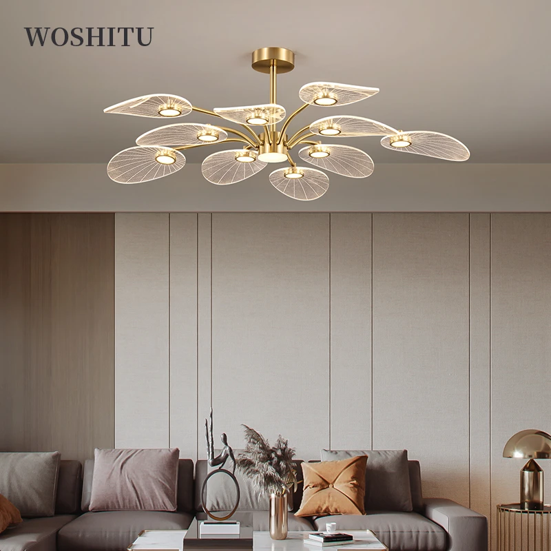 WOSHITU LED Ceiling Lamp Nordic Copper Chandeliers for Bedroom Living Room Lotus Leaf Shape Design Home Decor Lighting Fixture strip spotlights