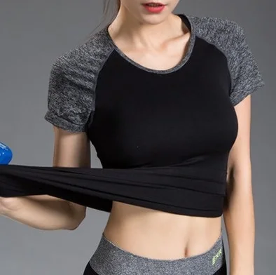 black gray Quick Dry Stretch Slim Fit Sports Tops Top Yoga Shirt T-shirts Running Female Gym Yoga Fitness T Sport Women Cloth Shirt Jerseys - Цвет: black gray