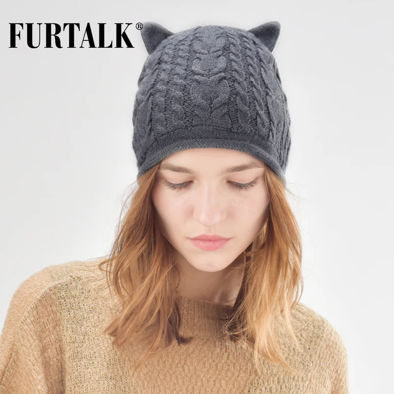 FURTALK, вязанная шапка бини, женская зимняя шапка бини с манжетами, шапка, Осенняя шапка для девушек, женская шапка skullies, милая Кепка с кошачьими ушками