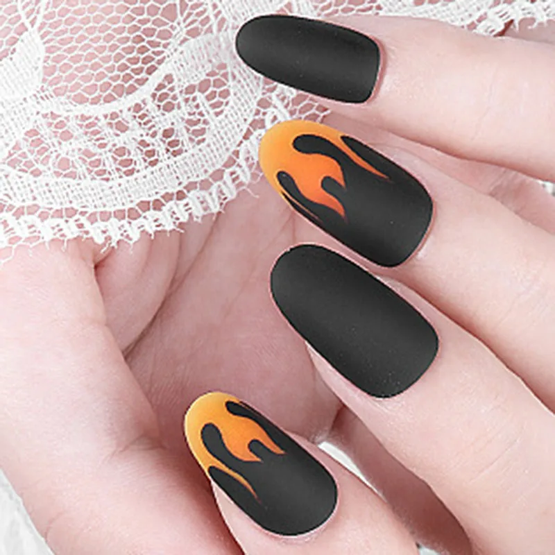 ABVP 24Pcs False Nails Black Long Coffin Flame Fake Nails Full Cover Party Acrylic Nails Art for Women and Girls