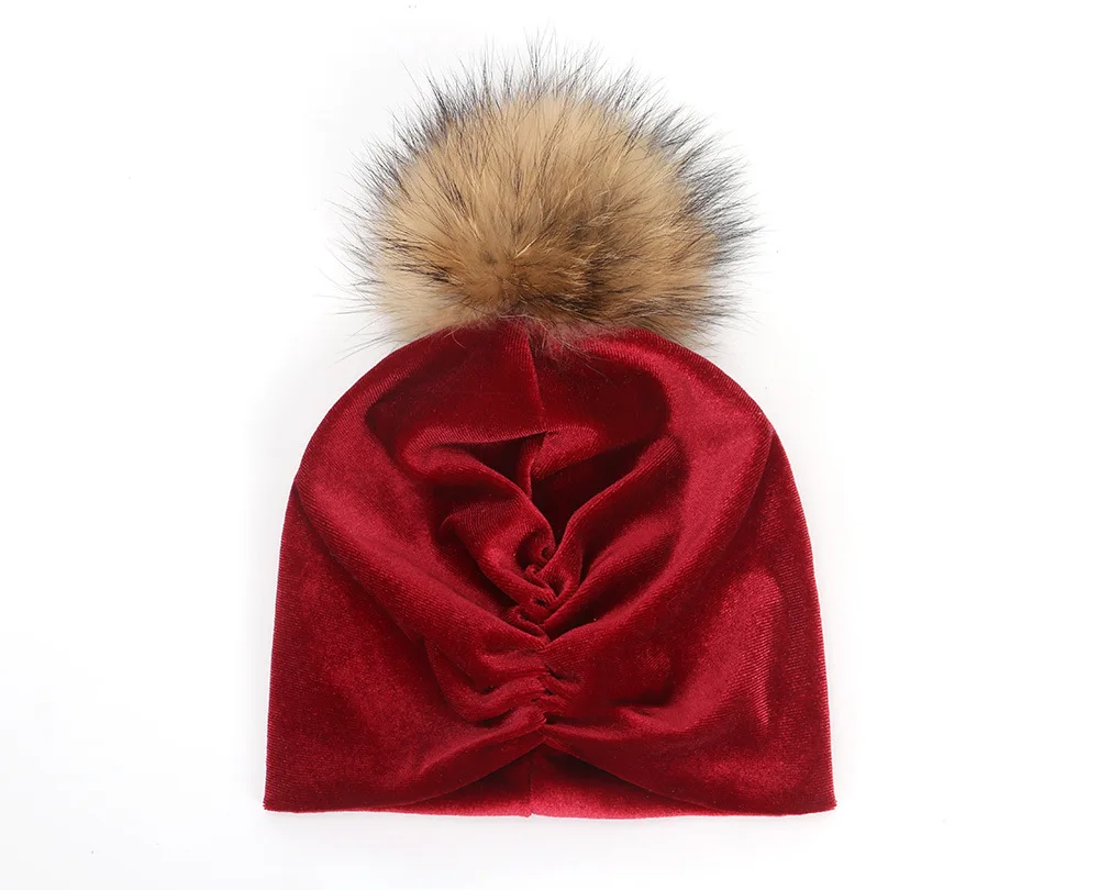

1pcs Winter Baby Girl Velvet Wrinkle Turban Kids Bebe India Caps Real Rabbit Fur Pompom Beanies Hat Boys Newborn Children Hats