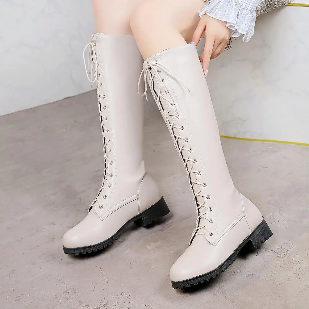 

SARAIRIS New WINTER Plus Size 48 Square Heels Shoelaces Knee High Boots cross-tied Women Shoes Woman Riding Boots Female