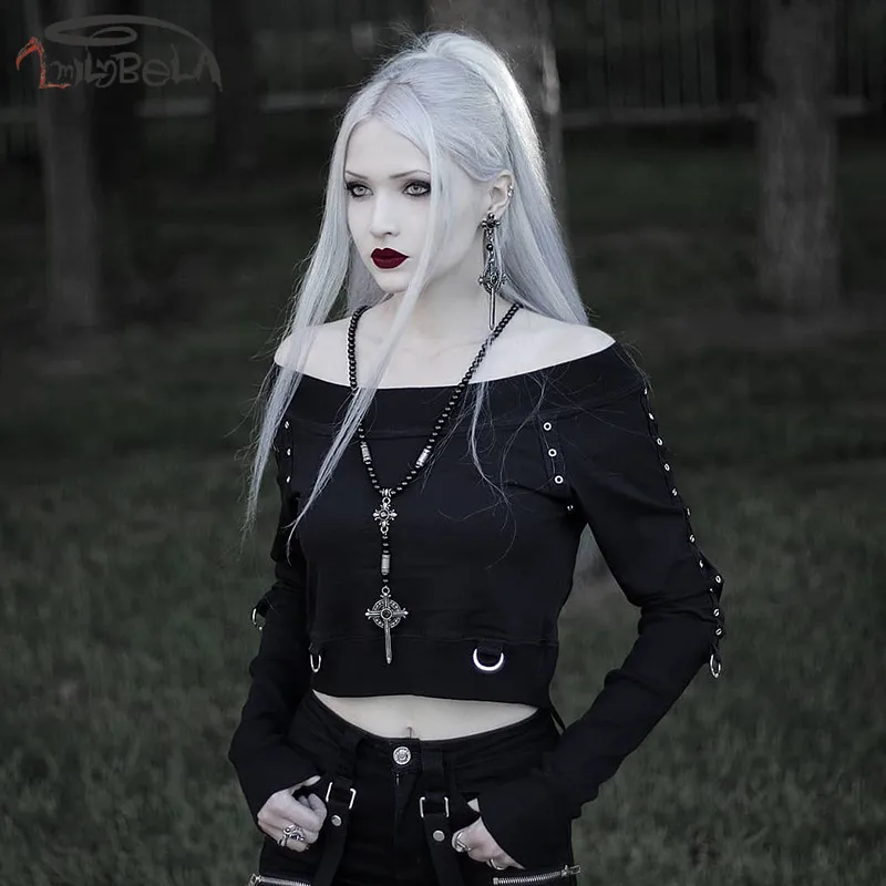 

Imily Bela Gothic Sweatshirt Women Off Shoulder Slash Neck Black Button Short Pullovers Long Sleeve Crop Top Casual Streetwear