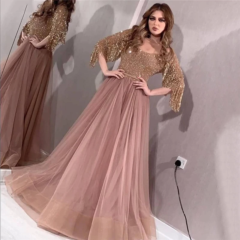 

Eightree Rose Gold O-Neck Sequined Evening Dresses 2020 A-Line Latest Design Sexy Sparkle Evening Gowns Tulle Formal Party Gown