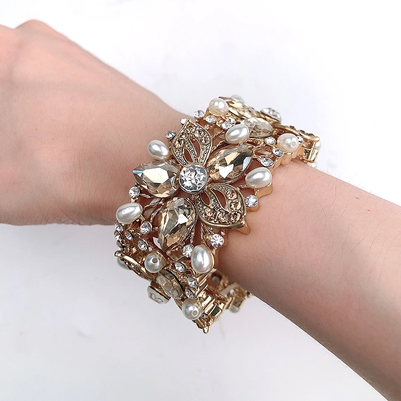 Luxury champagne color Crystal pearl Cuff Bangles Bracelet Big Wide Stretch Indian Bangle Jewelry Gifts for Women Accesorios