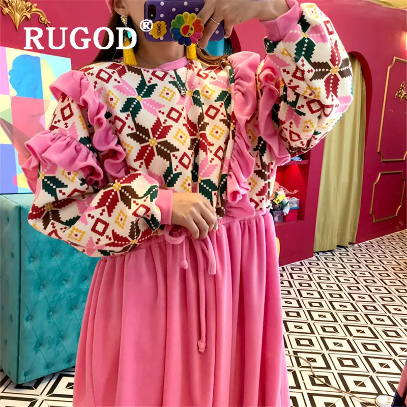 RUGOD японский цветочный принт бархатное платье Женская мода шнурок на шнуровке Туника Платье Зима Весна толстое Платье макси с длинным рукавом