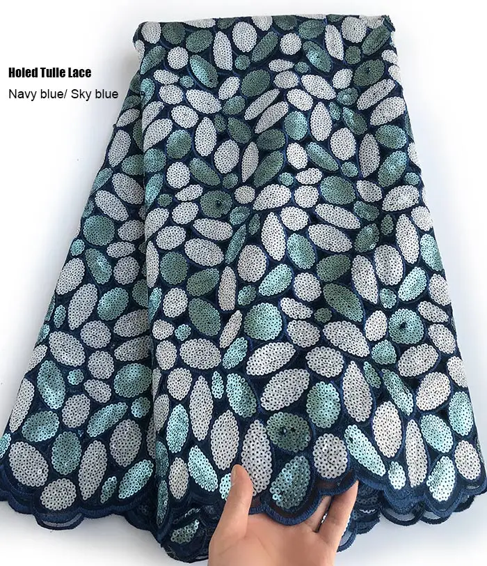 NavyBlue SkyBlue 5 ярдов с дырками, вышивка пайетками, двойное французское кружево, уникальный африканский тюль кружево сеточка, ткань, нигерийское шитье, национальная одежда - Цвет: NavyBlue SkyBlue