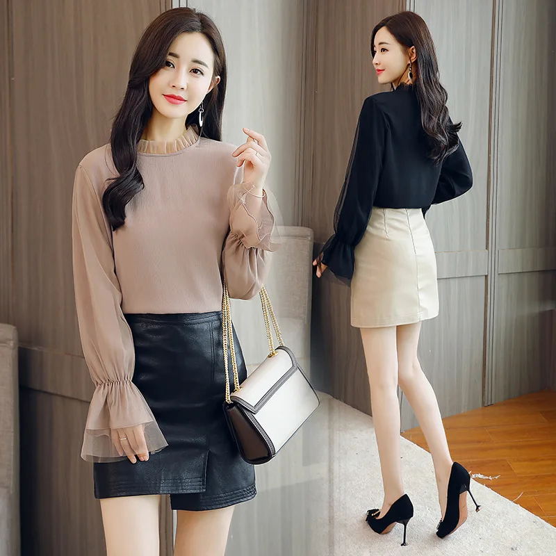 

2018 Spring And Autumn New Style Solid Color Long Sleeve Waist Hugging Versatile Chiffon Shirt + Irregular Sheath Skirt Two-Piec