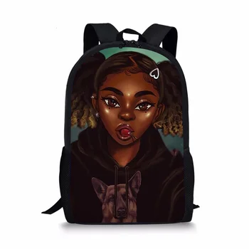 

HYCOOL Stylish Art African School Bag Lovely Black Afro Girl Cartoon Pattern Book Bag Teenager Kids Student Personality Backpack