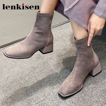 

Lenkisen big size flock square toe med heel Chelsea boots simple style French romantic modern slip on convenient ankle boots L30