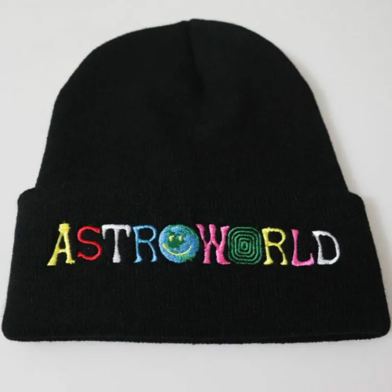 Черный ASTRO WORLD мужская вязаная шапка с вышивкой астромир Skullies Beanie уличная Теплая Лыжная Шапка женская модная зимняя шапка - Цвет: Черный