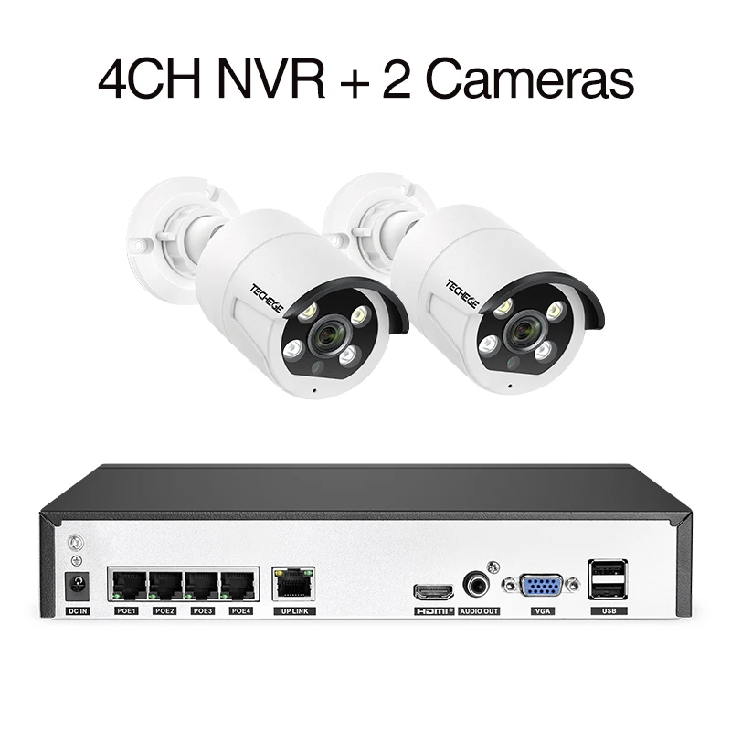 Techege 1080P POE камера безопасности Система 4CH NVR комплект H.265 двухстороннее аудио Обнаружение человека наружная Водонепроницаемая видеокамера CCTV - Цвет: 4CH NVR (2Cameras)