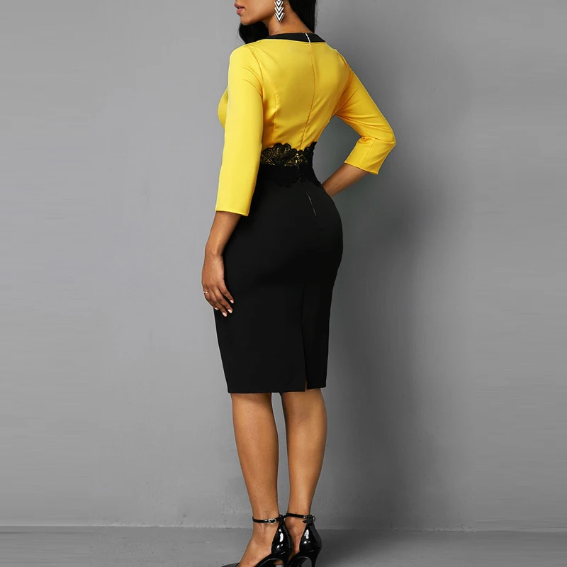 MISSJOY размера плюс одежда O-Neck Бизнес Офис высокая талия лоскутное карандаш Формальные Элегантные женские платья осень до колен