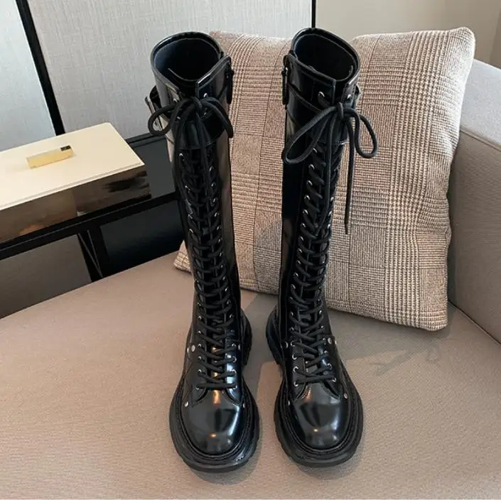 Высокие сапоги до бедра; роскошные женские сапоги на шнуровке; Botas Mujer; женская обувь на толстой подошве; Botines Mujer; модная обувь из кожи; Buty Damskie