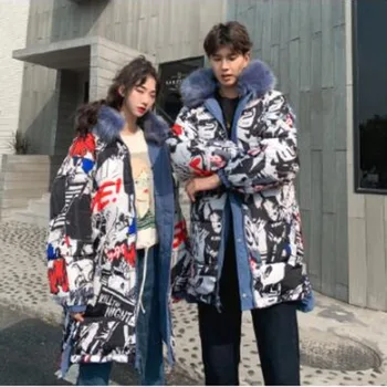 

Lovers Dress 2019 Winter In The Tide Cotton-padded Clothes Men And Women Loose Heavy Seta Lead Printing Two-sided Clothes Long