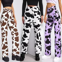 2021 nova ins estilo europeu e americano personalizado impresso solto calças de brim retas das mulheres na moda calças casuais de cintura alta