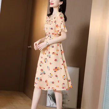 

Silk dress summer floral slim waist t A word waist show thin with short sleeves silk dress S to XL