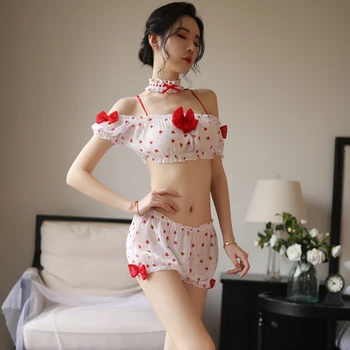 

Summer new sexy lingerie cute and sweet one-shoulder strawberry pajamas sexy suit