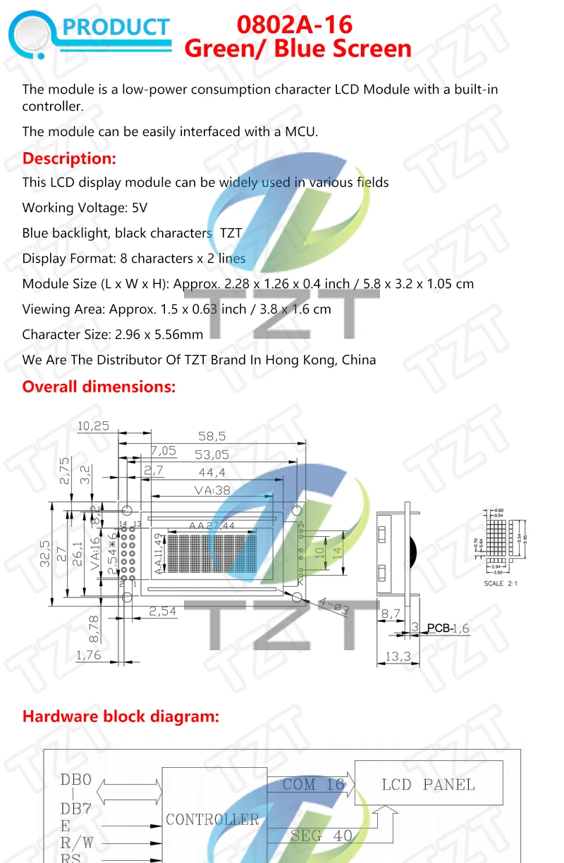 TZT 1/3PCS 8x2 LCD Modul 0802 Zeichen Display Bildschirm Blau/Gelb Grün Für Arduino – Detail 3