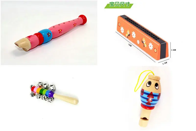 Детская игрушка, музыкальный инструмент, губная гармошка/свистки/погремушки, набор из 4 предметов, деревянная игрушка, музыкальные инструменты, музыкальные игрушки