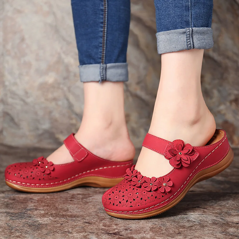 

SHUJIN Women's Sandals 2020 Summer Handmade Ladies Shoe Leather Floral Sandals Women Flats Retro Style Mother Shoes Size 36-44