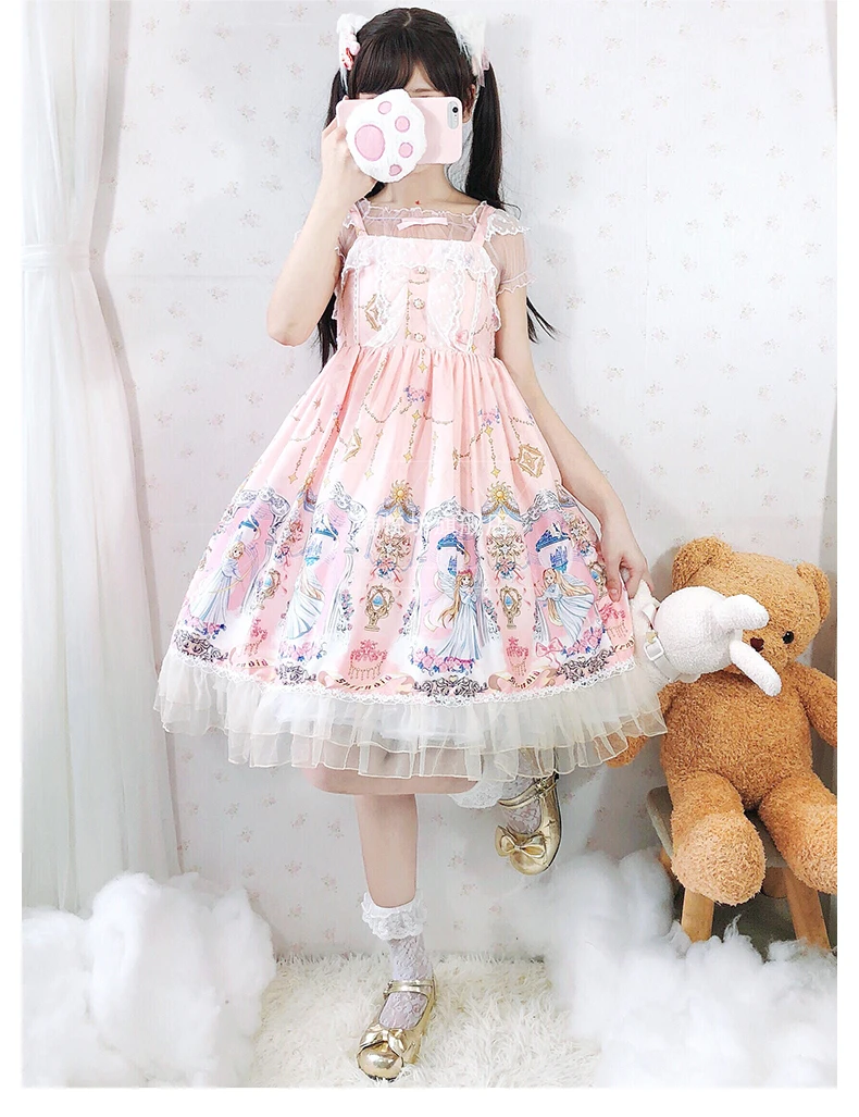 Japan style kawaii girl sweet lolita dress vintage lace cute printing high waist victorian dress loli cosplay gothic lolita jsk