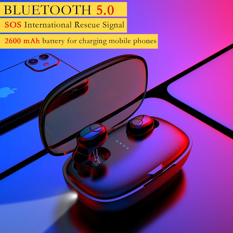 

TWS Sports Bluetooth Headset 5.0 Subwoofer Wireless Headphone LED Lighting SOS Distress Signal Applicable Android OS System