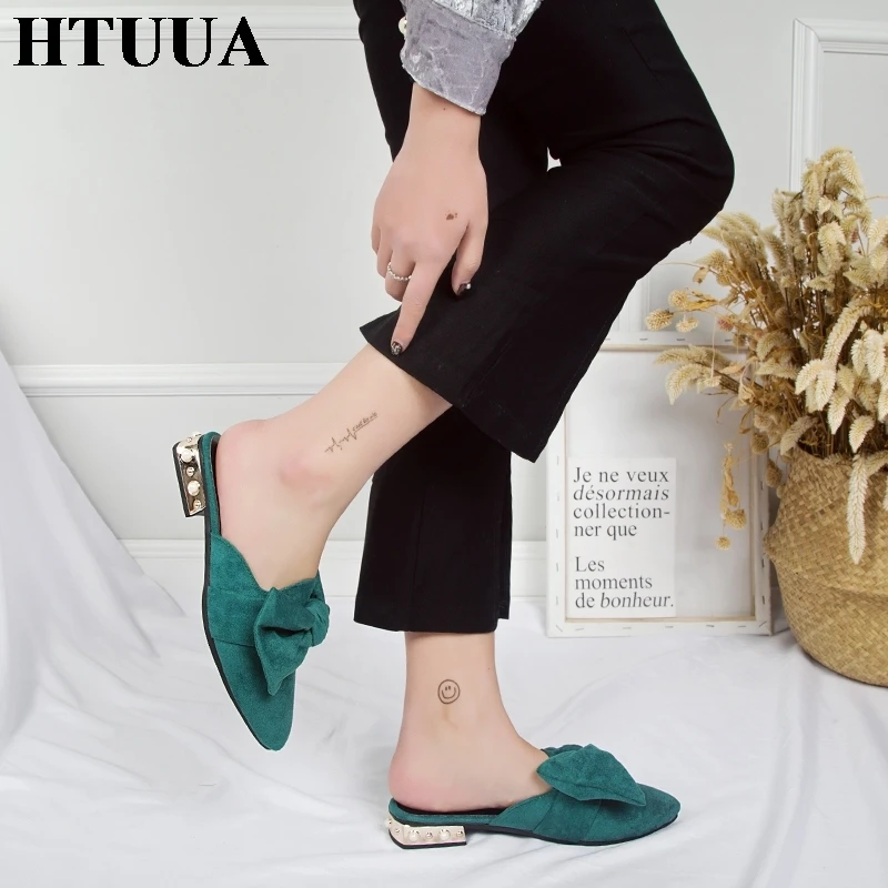 HTUUA/; женские шлепанцы из флока с жемчужным бантом; шлепанцы на плоской подошве; женские летние шлепанцы с острым носком; женские сандалии; SX2382
