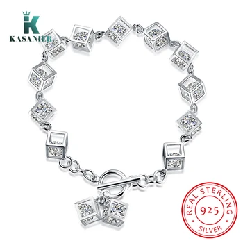 

925 Sterling Silver Cube Box Bracelets & Bangles New Fashion Bracelet For Women Crystal Lattice Fit Brand Bracelets Jewelry