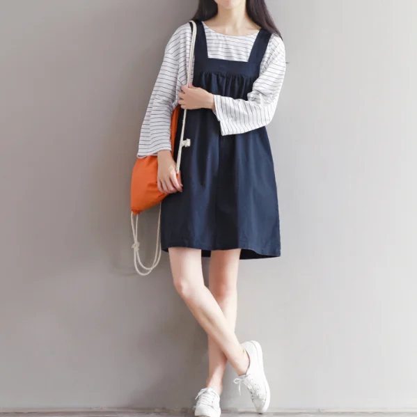 Консервативный стиль весна осень Женское платье сплошной синий Спагетти ремень