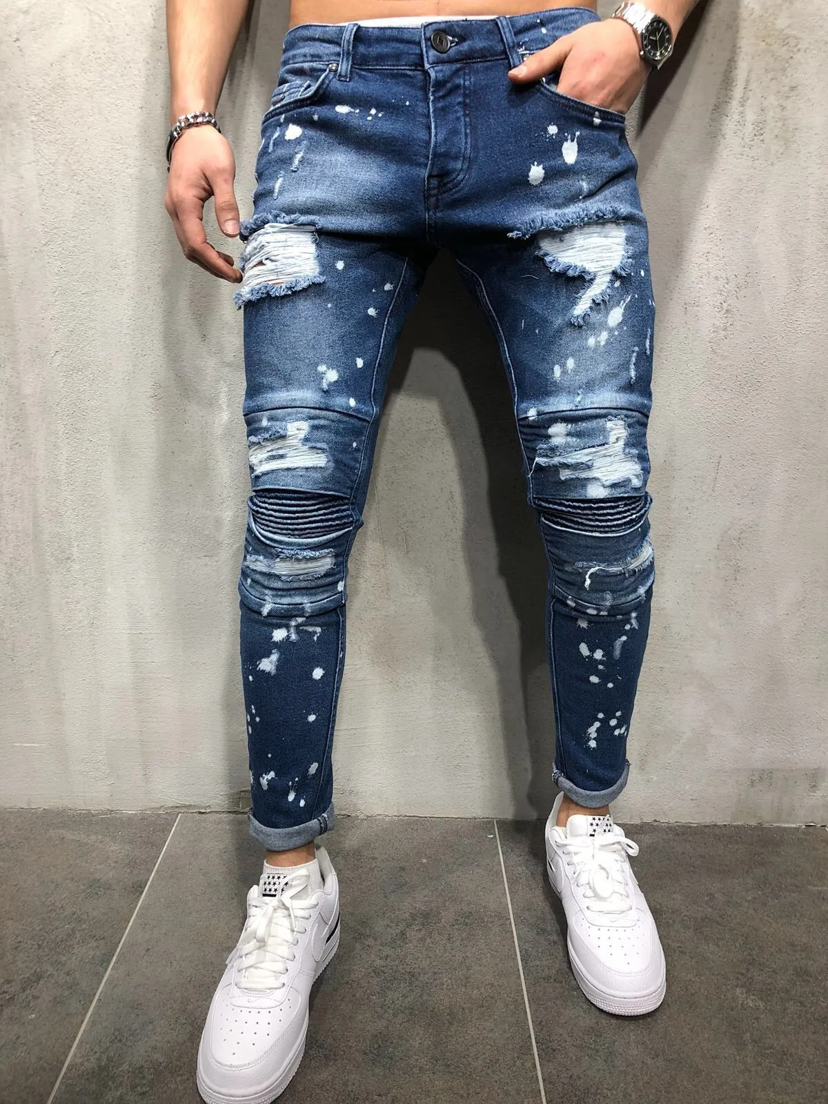 

MEN'S WEAR Europe And America High Street Slim Fit Elasticity Jeans with Holes Paint Spraying Faded Trousers Pleated Skinny Pant