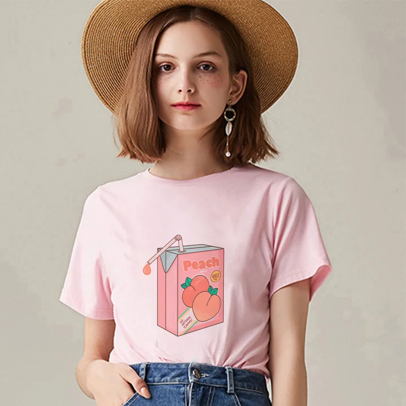 2681-Pink Kawaii розовый летняя повседневная одежда tumblr Модные топы мультфильм Персиковый Сок Japanses Эстетическая гранж футболка Женская Harajuku Милая - Цвет: 2681-Pink