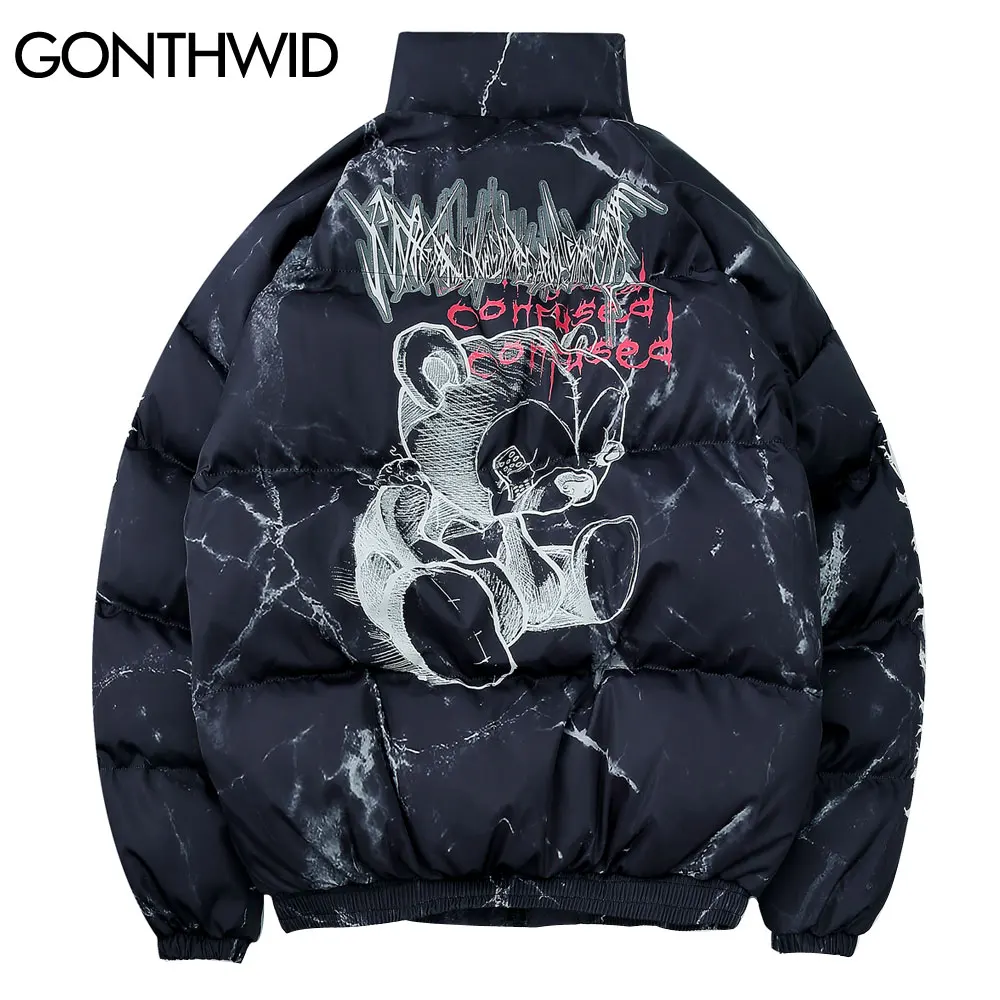 

GONTHWID Cotton Padded Thick Parkas Jackets Streetwear Hip Hop Graffiti Bear Print Zipper Winter Coats Mens Fashion Casual Tops